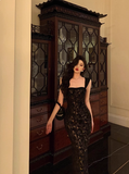 Elegant Sheath Square Neckline Black Floral Sleeveless 23rd Birthday Dress Party Gown Birthday Outfits Birthday Dress Ideas For Women HZ1121