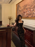 Elegant Sheath Square Neckline Black Floral Sleeveless 23rd Birthday Dress Party Gown Birthday Outfits Birthday Dress Ideas For Women HZ1121