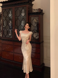 Elegant Mermaid Square White Floral Sleeveless 23rd Birthday Dress Party Gown Birthday Outfits Birthday Dress Ideas For Women HZ1121