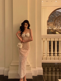 Elegant Glamour Sheath Spaghetti Straps White Lace Prom Gowns Party Dress Classy Gowns Evening Dresses HZ1121