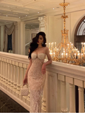 Elegant Glamour Sheath Spaghetti Straps White Lace Prom Gowns Party Dress Classy Gowns Evening Dresses HZ1121