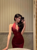 Elegant Mermaid Halter Burgundy 21st Birthday Dress Party Gown Birthday Outfits Birthday Dress Ideas For Women HZ1121