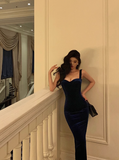 Elegant Glamour Sheath Straps Blue Velvet Prom Gowns Party Dress Classy Gowns Evening Dresses HZ1121