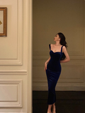 Elegant Glamour Sheath Straps Blue Velvet Prom Gowns Party Dress Classy Gowns Evening Dresses HZ1121