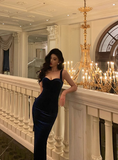 Elegant Glamour Sheath Straps Blue Velvet Prom Gowns Party Dress Classy Gowns Evening Dresses HZ1121