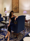 Elegant Glamour Sheath Straps Blue Velvet Prom Gowns Party Dress Classy Gowns Evening Dresses HZ1121