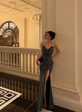 Elegant Glamour Sheath Straps Spaghetti Blue Sequin Slit Prom Gowns Party Dress Classy Gowns Evening Dresses HZ1121