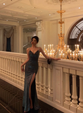 Elegant Glamour Sheath Straps Spaghetti Blue Sequin Slit Prom Gowns Party Dress Classy Gowns Evening Dresses HZ1121
