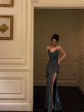 Elegant Glamour Sheath Straps Spaghetti Blue Sequin Slit Prom Gowns Party Dress Classy Gowns Evening Dresses HZ1121