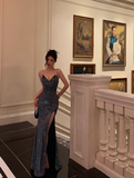 Elegant Glamour Sheath Straps Spaghetti Blue Sequin Slit Prom Gowns Party Dress Classy Gowns Evening Dresses HZ1121