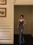 Elegant Glamour Sheath Straps Spaghetti Blue Sequin Slit Prom Gowns Party Dress Classy Gowns Evening Dresses HZ1121