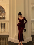 Elegant Mermaid Square Long Sleeves Burgundy 23rd Birthday Dress Party Gown Birthday Outfits Birthday Dress Ideas For Women HZ1121