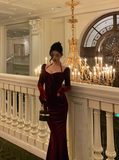 Elegant Mermaid Square Long Sleeves Burgundy 23rd Birthday Dress Party Gown Birthday Outfits Birthday Dress Ideas For Women HZ1121