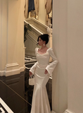 Modest Mermaid Long Sleeves White Satin 21st Birthday Dress Party Gown Birthday Outfits Birthday Dress Ideas For Women HZ1121