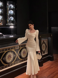 Modest Mermaid Long Sleeves White Satin 21st Birthday Dress Party Gown Birthday Outfits Birthday Dress Ideas For Women HZ1121