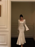 Modest Mermaid Long Sleeves White Satin 21st Birthday Dress Party Gown Birthday Outfits Birthday Dress Ideas For Women HZ1121