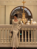 Modest Mermaid Long Sleeves White Satin 21st Birthday Dress Party Gown Birthday Outfits Birthday Dress Ideas For Women HZ1121