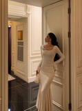 Sexy Mermaid Long Sleeves White Satin 21st Birthday Dress Party Gown Birthday Outfits Birthday Dress Ideas For Women HZ1121