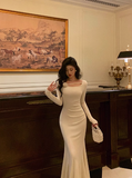 Sexy Mermaid Long Sleeves White Satin 21st Birthday Dress Party Gown Birthday Outfits Birthday Dress Ideas For Women HZ1121