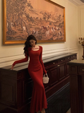 Sexy Mermaid Long Sleeves Red Satin 21st Birthday Dress Party Gown Birthday Outfits Birthday Dress Ideas For Women HZ1121