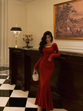 Sexy Mermaid Long Sleeves Red Satin 21st Birthday Dress Party Gown Birthday Outfits Birthday Dress Ideas For Women HZ1121