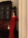 Sexy Mermaid Long Sleeves Red Satin 21st Birthday Dress Party Gown Birthday Outfits Birthday Dress Ideas For Women HZ1121