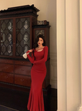 Sexy Mermaid Long Sleeves Red Satin 21st Birthday Dress Party Gown Birthday Outfits Birthday Dress Ideas For Women HZ1121