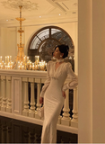 Modest Mermaid V Neck Long Sleeves White Satin 21st Birthday Dress Party Gown Birthday Outfits Birthday Dress Ideas For Women HZ1121