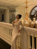 Modest Mermaid V Neck Long Sleeves White Satin 21st Birthday Dress Party Gown Birthday Outfits Birthday Dress Ideas For Women HZ1121