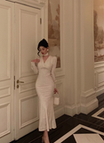 Modest Mermaid V Neck Long Sleeves White Satin 21st Birthday Dress Party Gown Birthday Outfits Birthday Dress Ideas For Women HZ1121