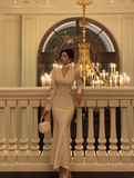 Modest Mermaid V Neck Long Sleeves White Satin 21st Birthday Dress Party Gown Birthday Outfits Birthday Dress Ideas For Women HZ1121