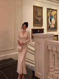 Modest Mermaid V Neck Long Sleeves White Satin 21st Birthday Dress Party Gown Birthday Outfits Birthday Dress Ideas For Women HZ1121