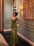 Sexy Mermaid Square Green Satin 21st Birthday Dress Party Gown Birthday Outfits Birthday Dress Ideas For Women HZ1121