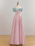 Elegant Glamour A line Off The Shoulder Pink Satin Prom Dress Party Dress Evening Dresses HZ1121