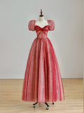 Elegant Glamour Ball Gown Sweetheart Short Sleeves Tulle Red Prom Dress Party Dress Evening Dresses HZ1121