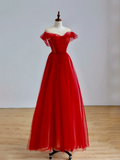 Elegant Glamour Ball Gown Off The Shoulder Short Sleeves Tulle Red Prom Dress Party Dress Evening Dresses HZ1121