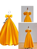 Elegant Glamour Ball Gown Off The Shoulder Short Sleeves Satin Yellow Prom Dress Party Dress Evening Dresses HZ1121