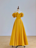 Elegant Glamour Ball Gown Off The Shoulder Short Sleeves Satin Yellow Prom Dress Party Dress Evening Dresses HZ1121