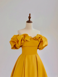 Elegant Glamour Ball Gown Off The Shoulder Short Sleeves Satin Yellow Prom Dress Party Dress Evening Dresses HZ1121