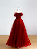 Elegant Glamour Ball Gown Off The Shoulder Short Sleeves Burgundy Tulle Prom Dress Party Dress Evening Dresses HZ1121