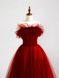 Elegant Glamour Ball Gown Off The Shoulder Short Sleeves Burgundy Tulle Prom Dress Party Dress Evening Dresses HZ1121