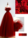 Elegant Glamour Ball Gown Off The Shoulder Short Sleeves Burgundy Tulle Prom Dress Party Dress Evening Dresses HZ1121