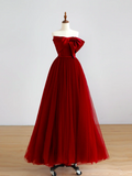 Elegant Glamour Ball Gown Strapless Burgundy Tulle Prom Dress Party Dress Evening Dresses HZ1121