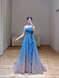 Elegant Glamour Ball Gown Strapless Blue Tulle Prom Dress Party Dress Evening Dresses HZ1121