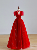 Elegant Glamour Ball Gown V Neckline Short Sleeves Red Tulle Prom Dress Party Dress Long Evening Dresses HZ1121
