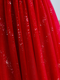 Elegant Glamour Ball Gown V Neckline Short Sleeves Red Tulle Prom Dress Party Dress Long Evening Dresses HZ1121