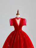 Elegant Glamour Ball Gown V Neckline Short Sleeves Red Tulle Prom Dress Party Dress Long Evening Dresses HZ1121
