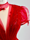 Elegant Glamour Ball Gown V Neckline Short Sleeves Red Tulle Prom Dress Party Dress Long Evening Dresses HZ1121