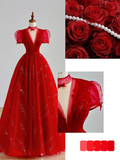 Elegant Glamour Ball Gown V Neckline Short Sleeves Red Tulle Prom Dress Party Dress Long Evening Dresses HZ1121