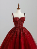 Elegant Glamour A line Spaghetti Straps Tulle Red Long Prom Dress Party Dress Evening Dresses HZ1121